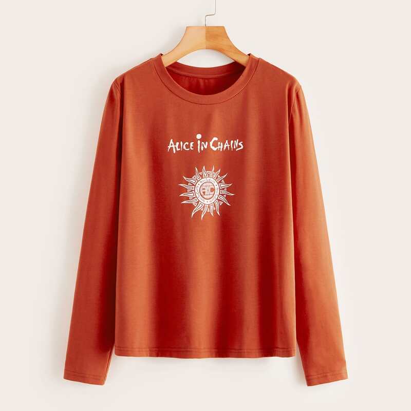 

Letter & Graphic Print Long Sleeve Tee, Orange