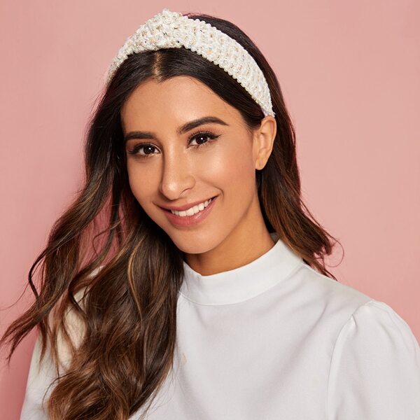 

Faux Pearl Decor Knit Knot Headband, Beige