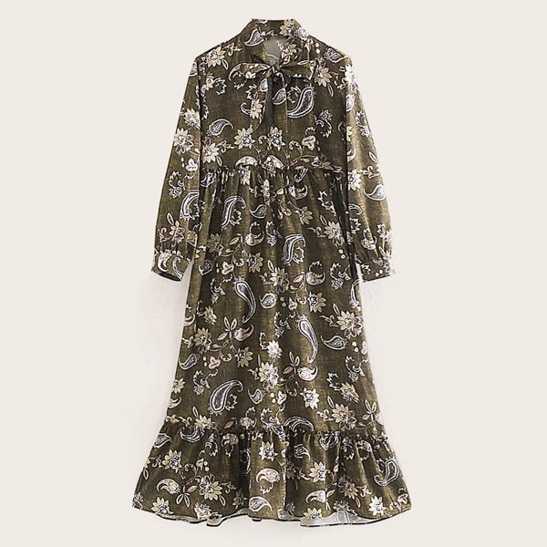 

Paisley Print Tie Neck Ruffle Hem Dress, Multicolor