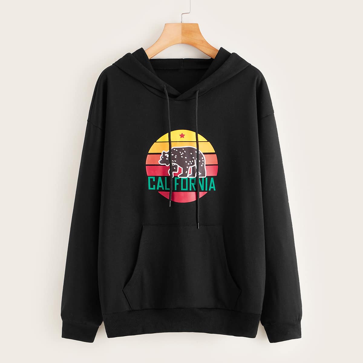

Bear & Letter Graphic Kangaroo Pocket Hoodie, Black