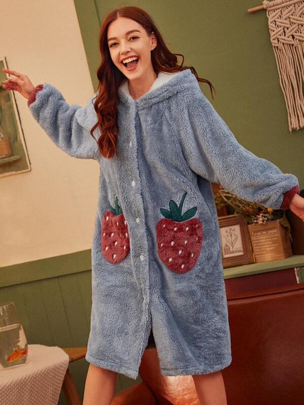 

Strawberry Detail Plush Hooded Dress, Blue, Poly