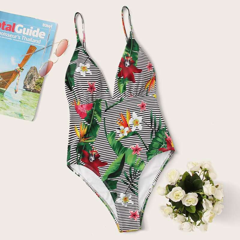 

Floral & Striped Random Print One Piece Swimwear, Multicolor