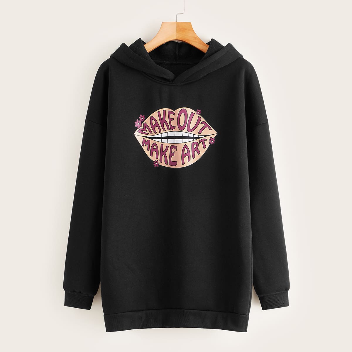 

Lip & Letter Graphic Drop Shoulder Longline Hoodie, Black