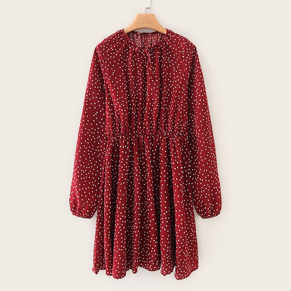 

Tie Front Polka Dot Print A Line Dress, Burgundy