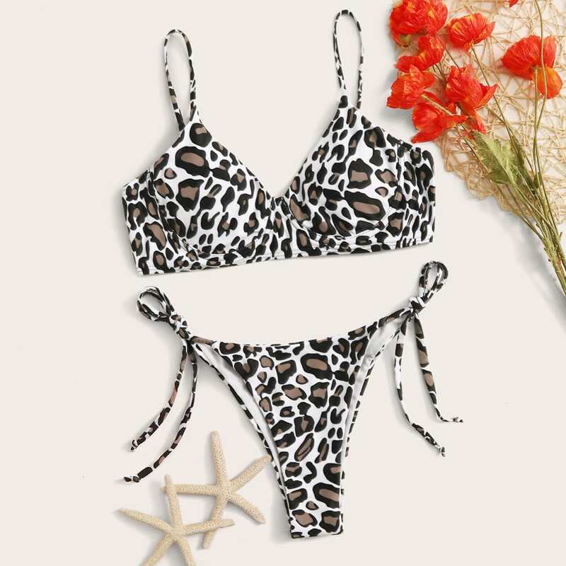 

Leopard Top With Tie Side Bikini Set, Multicolor