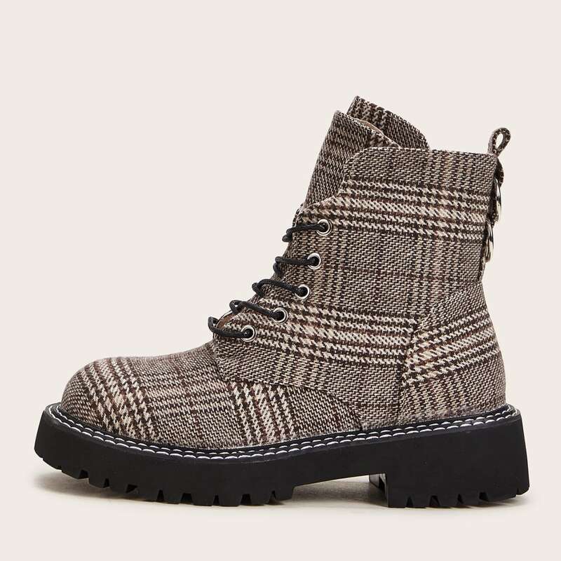 

Lace-up Front Plaid Combat Boots, Multicolor
