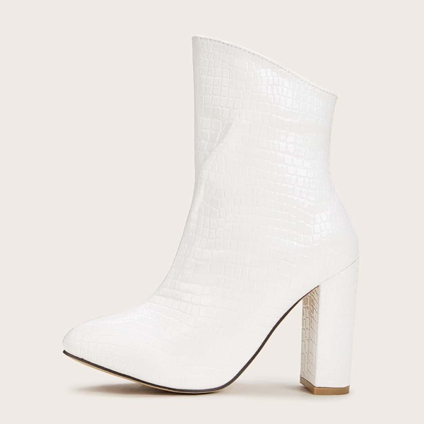 

Point Toe Croc Embossed Chunky Heels, White
