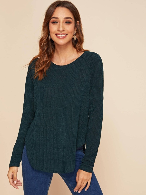 

Drop Shoulder Curved Hem Rib-knit Tee, Green, Gabi B