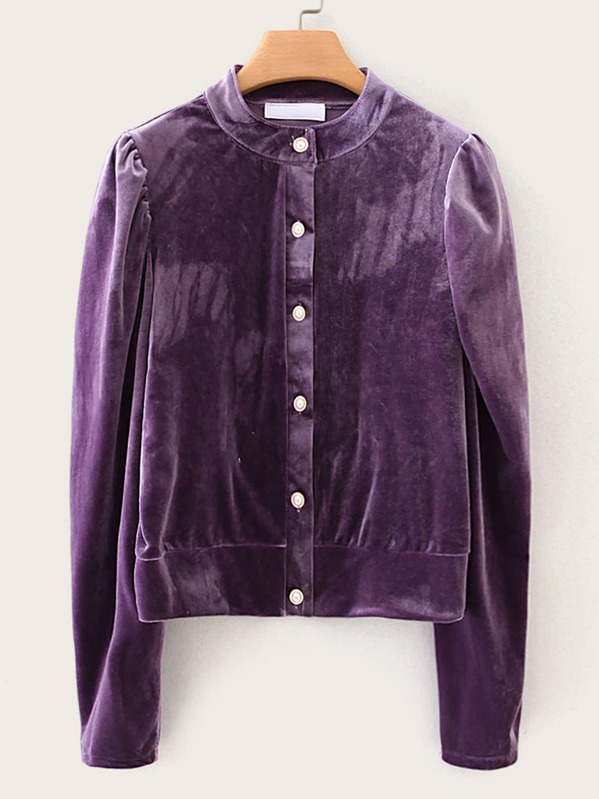 

Solid Button Front Velvet Blouse, Purple