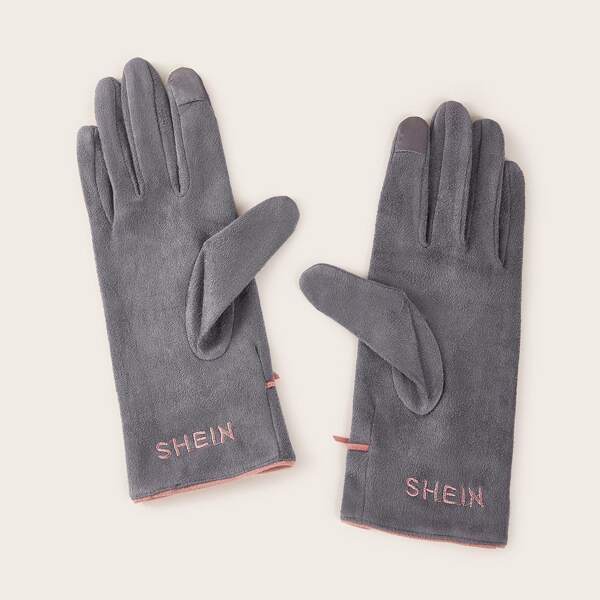 

SHEIN 1 pair Embroidered Suede Gloves, Grey