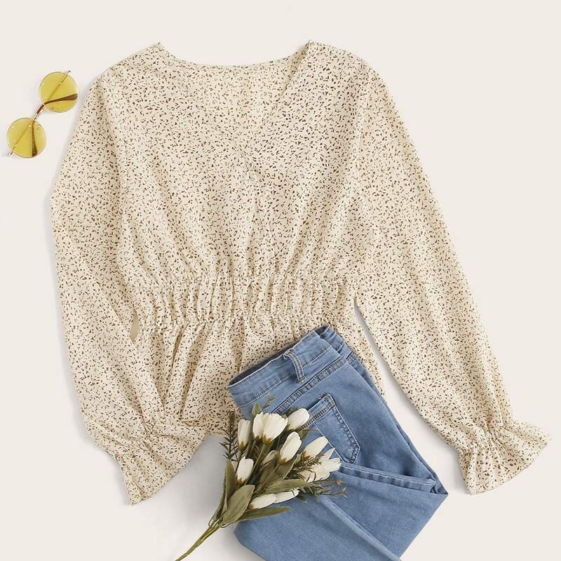 

Speckle Print Surplice Peplum Top, Beige
