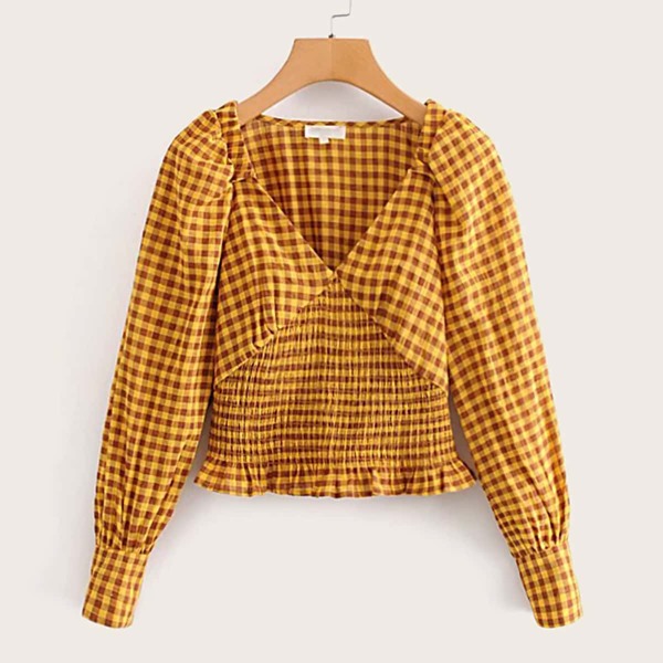 

Shirred Frill Trim Gingham Crop Blouse, Yellow