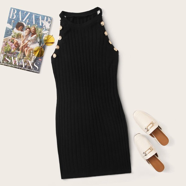 

Buttoned Detail Rib-knit Bodycon Dress, Black