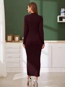 Modelyn Ribbed Knit Bodycon Jumper Dress - Burgundy - View 2