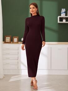Modelyn Ribbed Knit Bodycon Jumper Dress - Burgundy - View 3