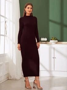 Modelyn Ribbed Knit Bodycon Jumper Dress - Burgundy - View 5
