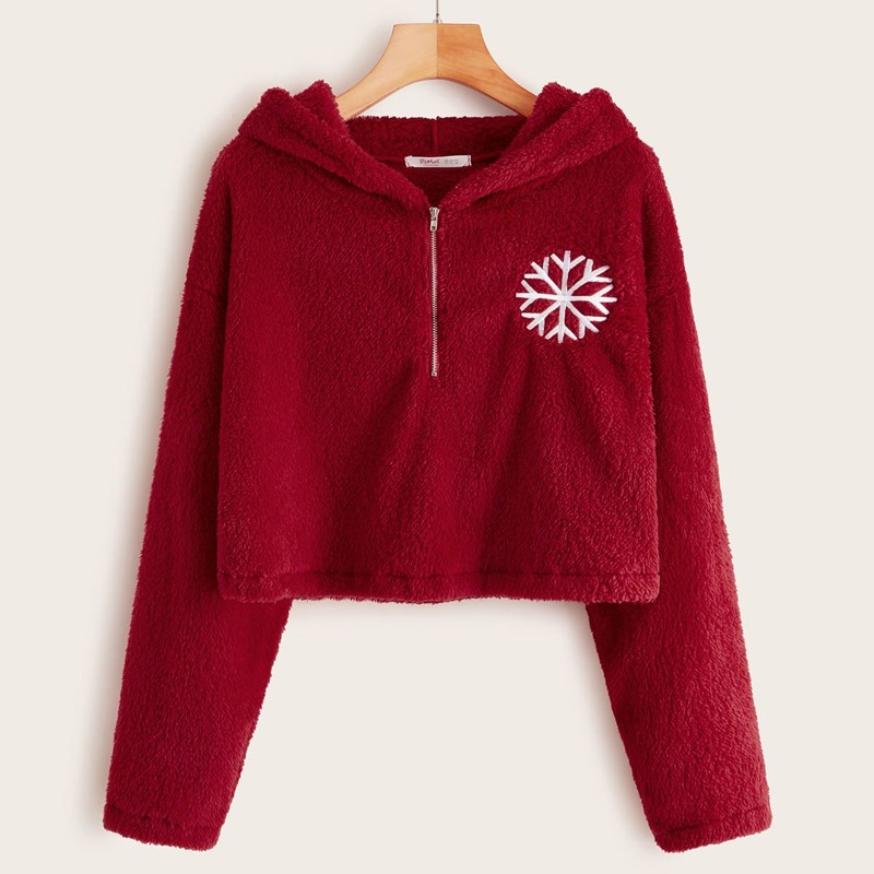 

Christmas New Year Graphic Half Zip Teddy Hoodie, Red