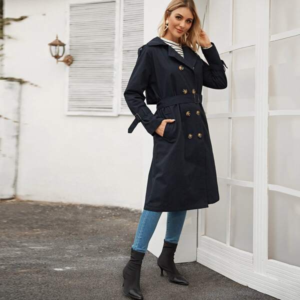 

Double Breasted Pocket Side Belted Trench Coat, Navy