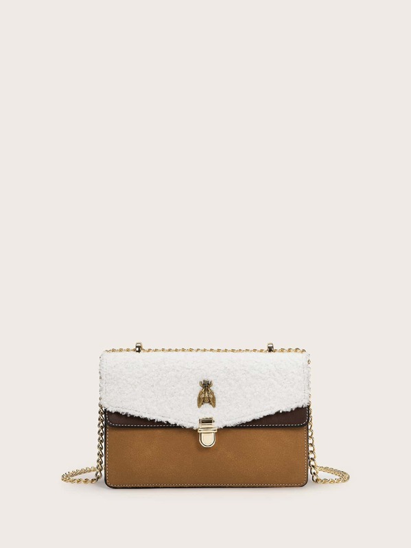 

Contrast Faux Fur Chain Crossbody Bag, Multicolor
