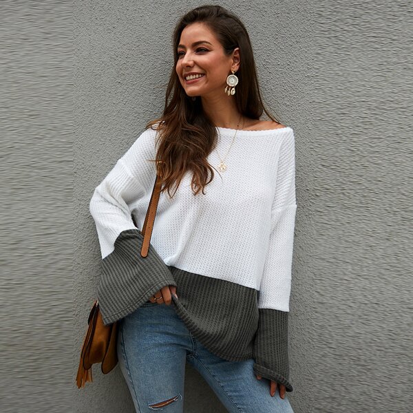 

Two Tone Drop Shoulder Flounce Sleeve Tee, White