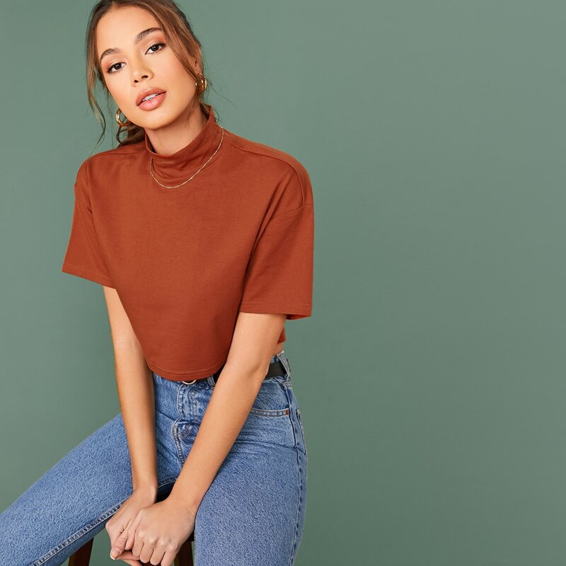 

Boxy Funnel Neck Crop Top, Burnt orange