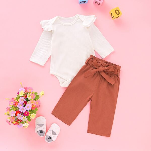 

Baby Girl Ruffle Rib-knit Romper With Paperbag Pants, Multicolor