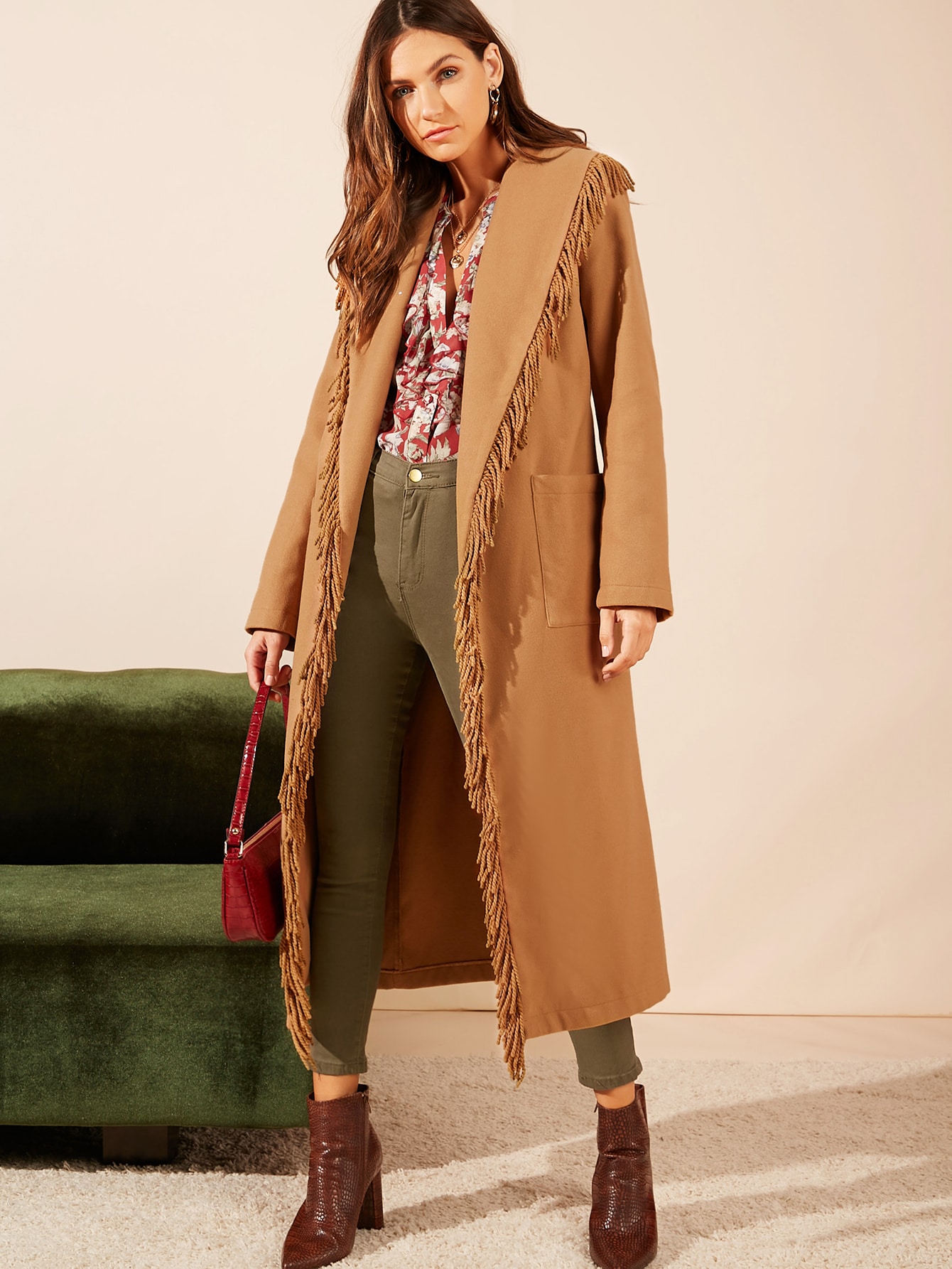 fringe detail shawl collar belted overcoat