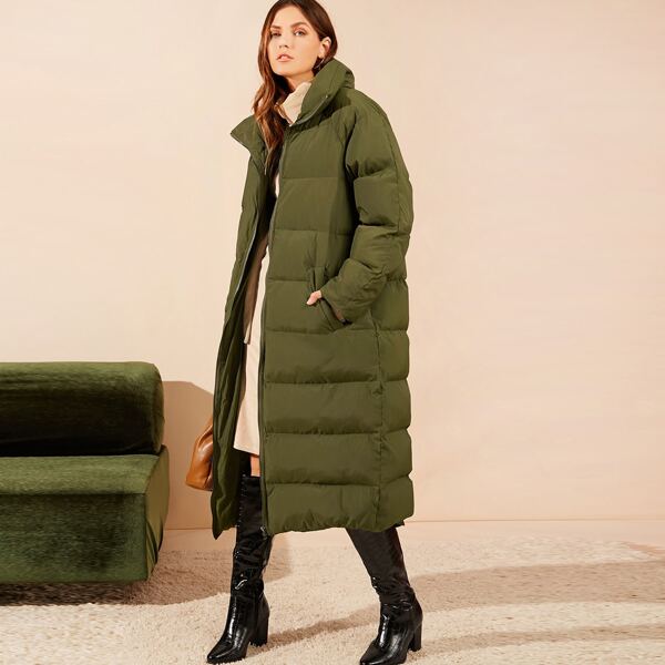 

Pocket Side Zip Up Longline Puffer Coat, Army green