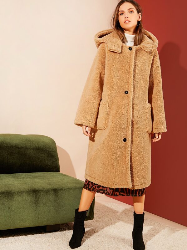 

Single Breasted Pocket Front Hooded Teddy Coat, Camel, Zorana