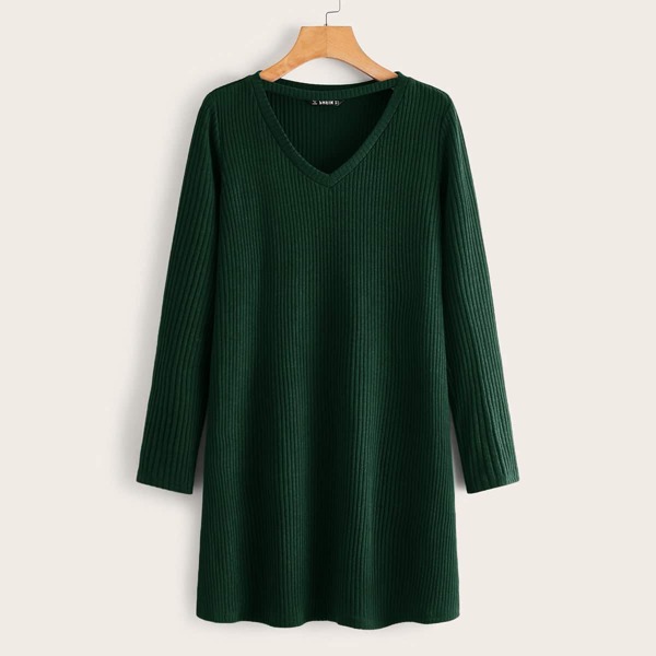 

Keyhole Neck Rib-knit Tee Dress, Dark green