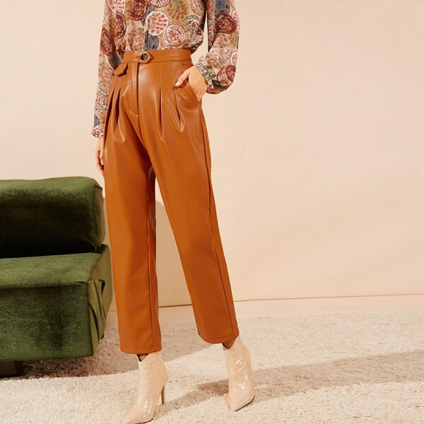 

Button Fly Fold Pleated PU Pants, Brown