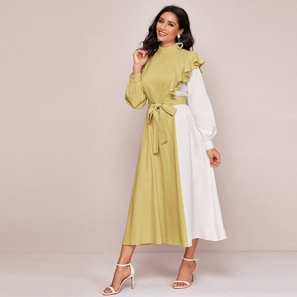 

Mock-Neck Ruffle Trim Self Belted Two Tone Dress, Yellow