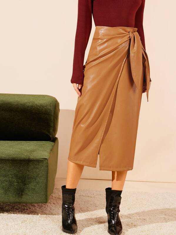 

Wrap Knot Front PU Skirt, Camel, Zorana