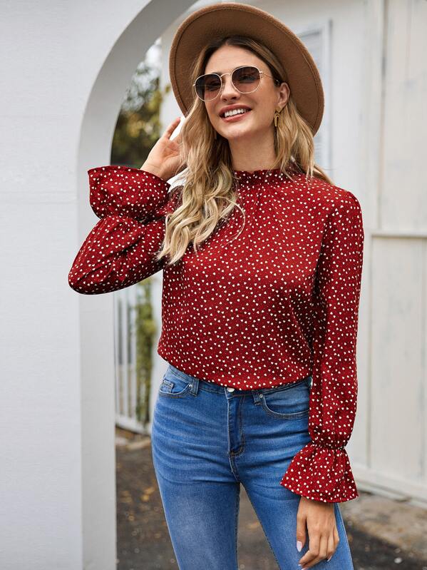 

Flounce Sleeve Confetti Heart Print Blouse, Burgundy, Nathane