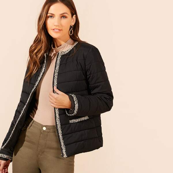 

Zip Up Frayed Trim Padded Jacket, Black