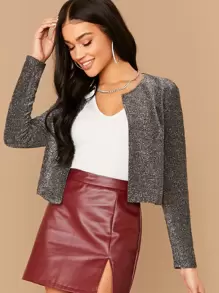 SHEIN Privé 前開式閃亮夾克 - 灰色 - 查看 1