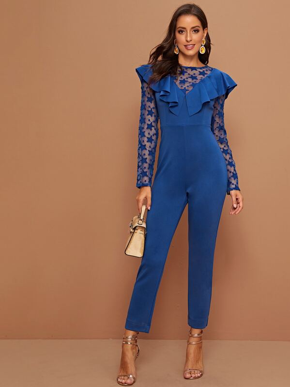 

Star Mesh Panel Ruffle Trim Solid Jumpsuit, Blue, Mary P.