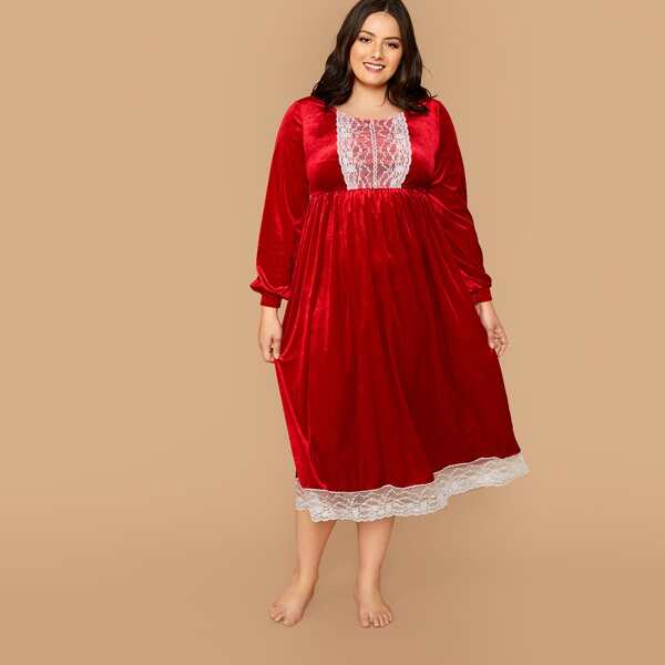 

Plus Contrast Lace Velvet Nightdress, Red