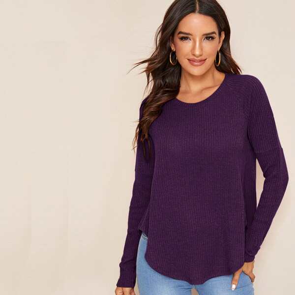 

Drop Shoulder Curved Hem Rib-knit Tee, Purple