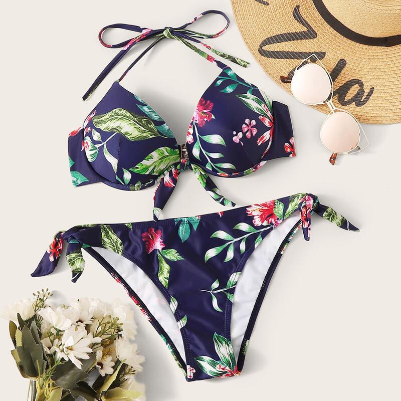 

Tropical Underwire Tie Side Bikini Swimsuit, Multicolor