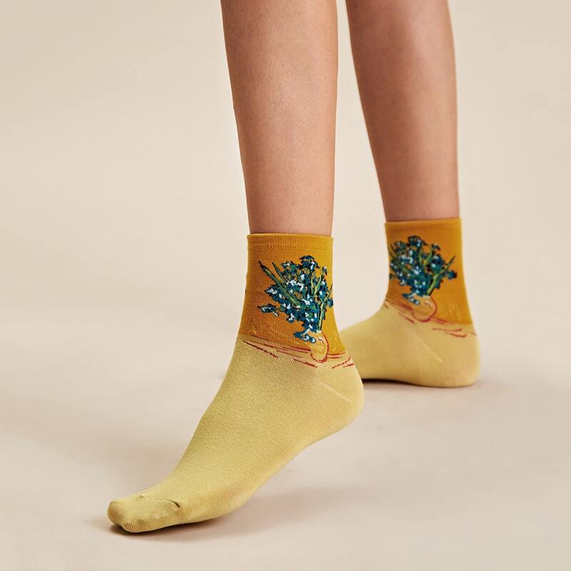 

1pair Flower Pattern Socks, Yellow