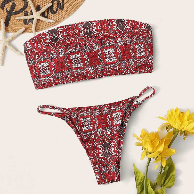 

Tribal Bandeau With Thong Bikini Set, Red