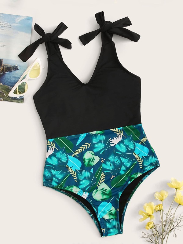 

Tropical Tie Shoulder One Piece Swimwear, Multicolor