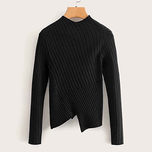 

Asymmetrical Hem Ribbed Sweater, Black