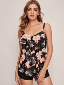Flora Print Tiered Layer Tankini Summer Beach - Black - View 1