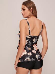 Flora Print Tiered Layer Tankini Summer Beach - Black - View 2