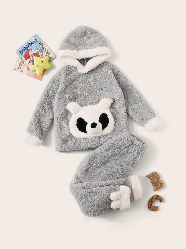 

Boys Panda Pattern Hooded Plush PJ Set, Grey