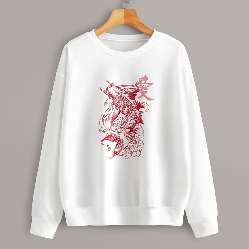 

Fish Print Drop Shoulder Sweatshirt, White