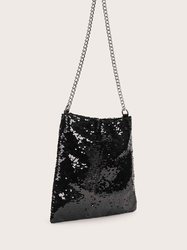 

Sequins Decor Chain Strap Tote Bag, Black