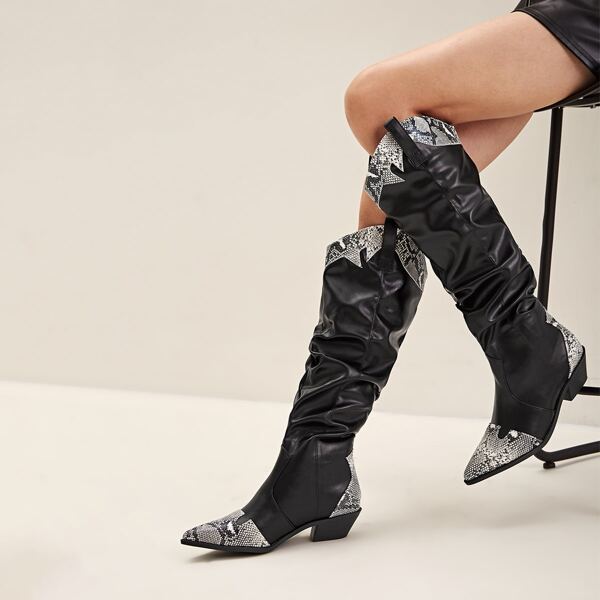 

Point Toe Snakeskin Print Chunky Boots, Black